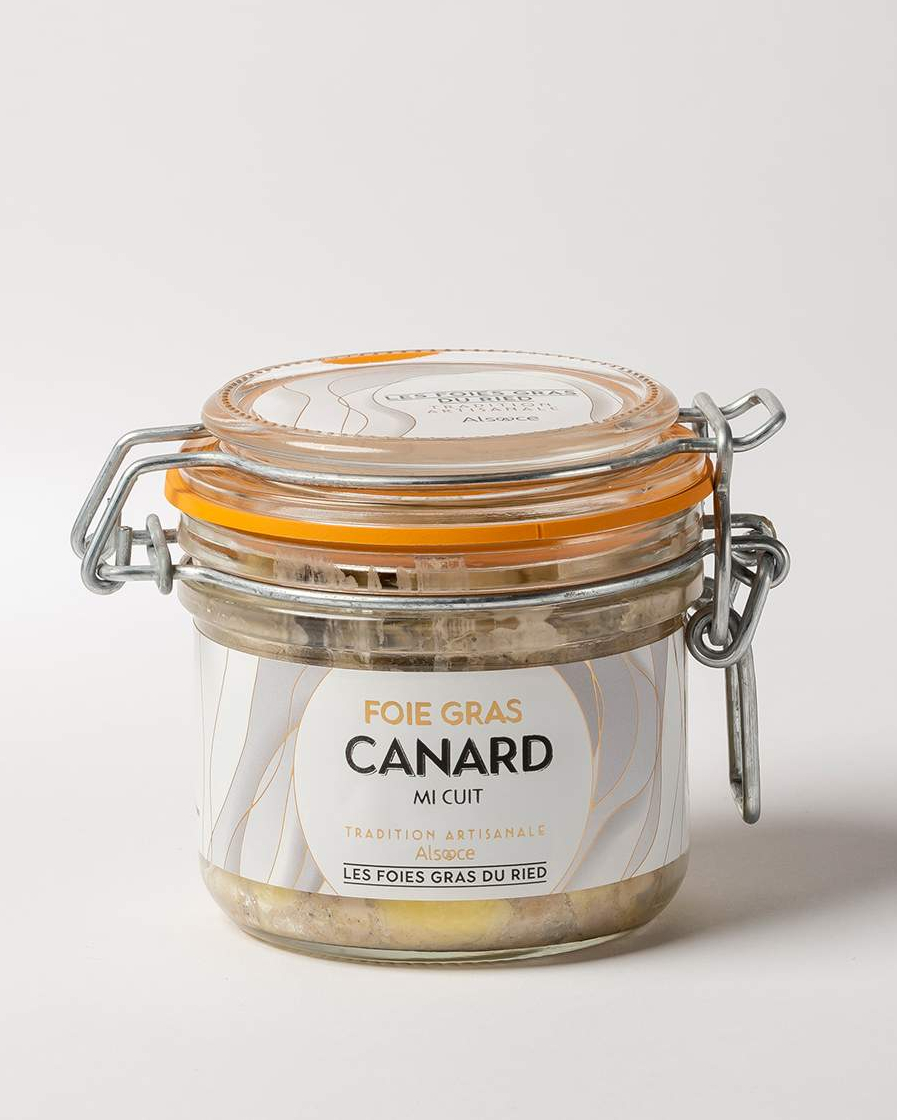 foie-gras-du-ried--323 Foie gras de canard mi cuit entier Bocal de180g Alsace strasbourge